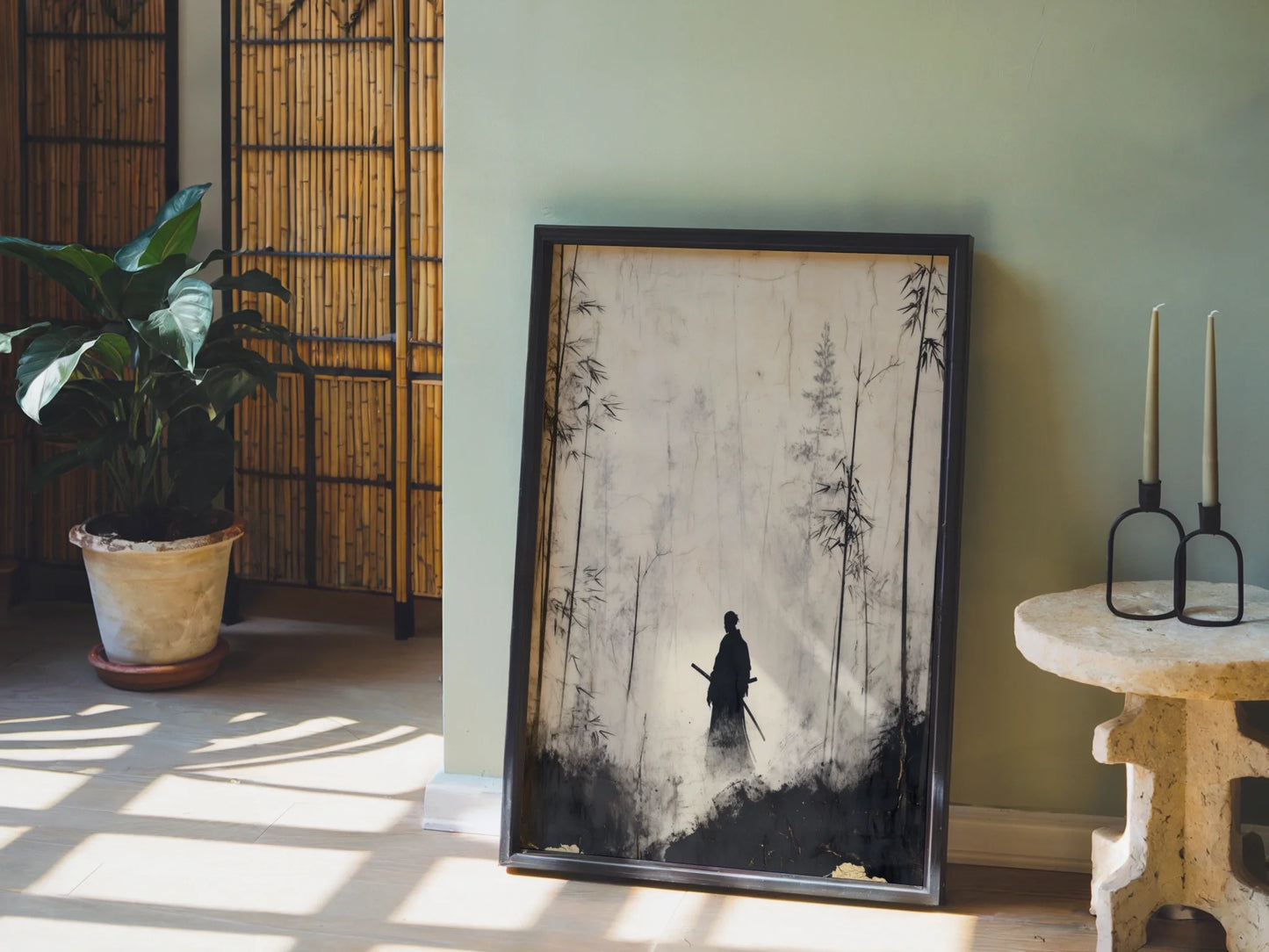 Japanese Bamboo Forest Samurai Silhouette Japandi Canvas Wall Art — Soft cream and charcoal canvas print showing lone figure in textured woodland scene for neutral home decor