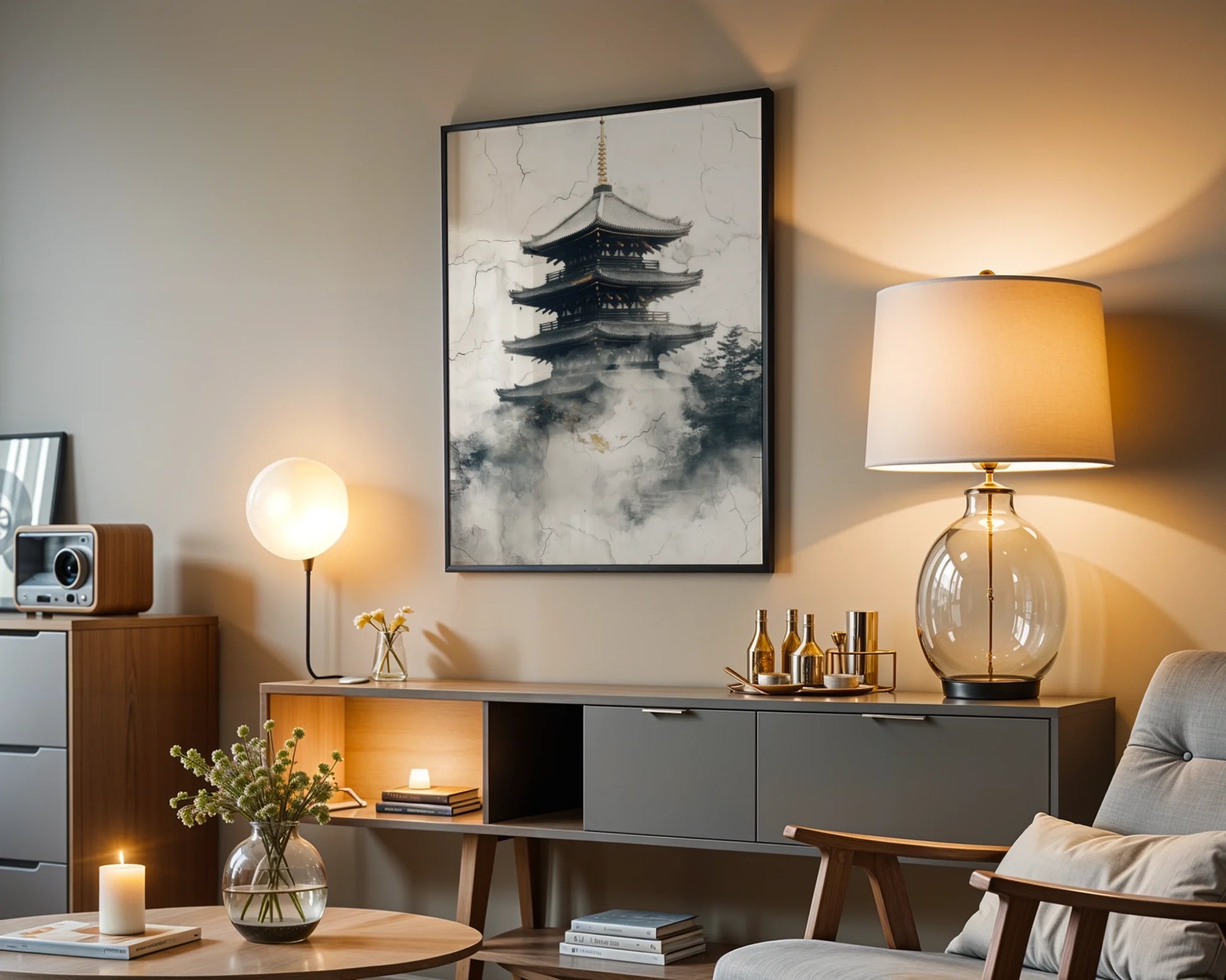 Ancient Pagoda Temple Mist Japandi Weathered in room
