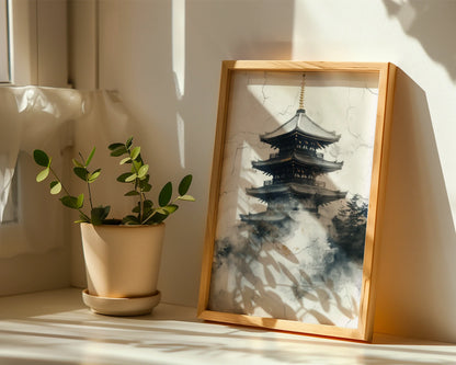 Ancient Pagoda Temple Mist Japandi Weathered in room