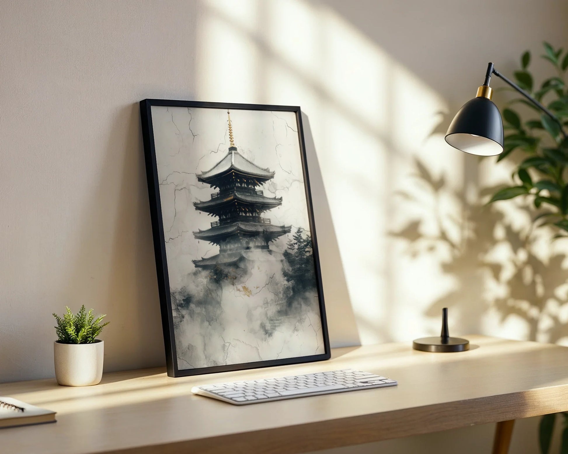 Ancient Pagoda Temple Mist Japandi Canvas Wall Art Weathered — Serene Oriental wall art showcasing historic pagoda through deteriorating surface finish