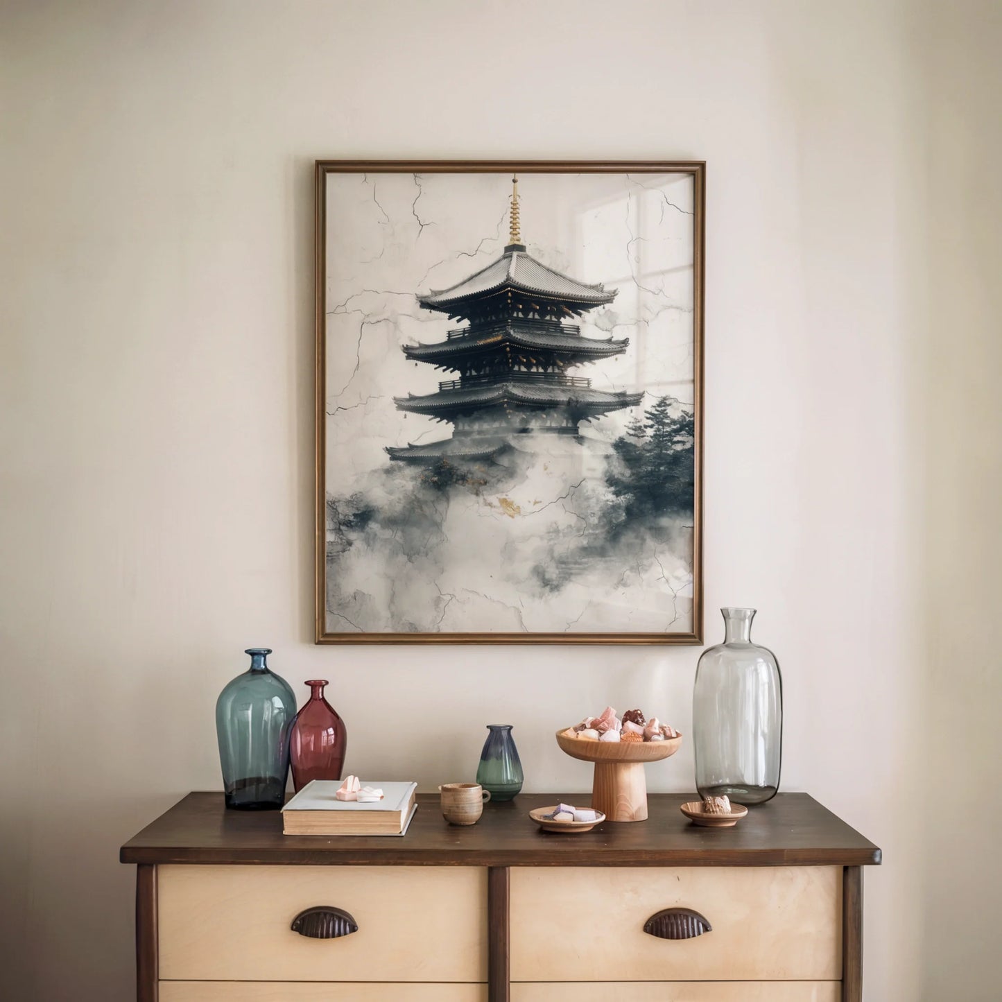 Ancient Pagoda Temple Mist Japandi Weathered in room
