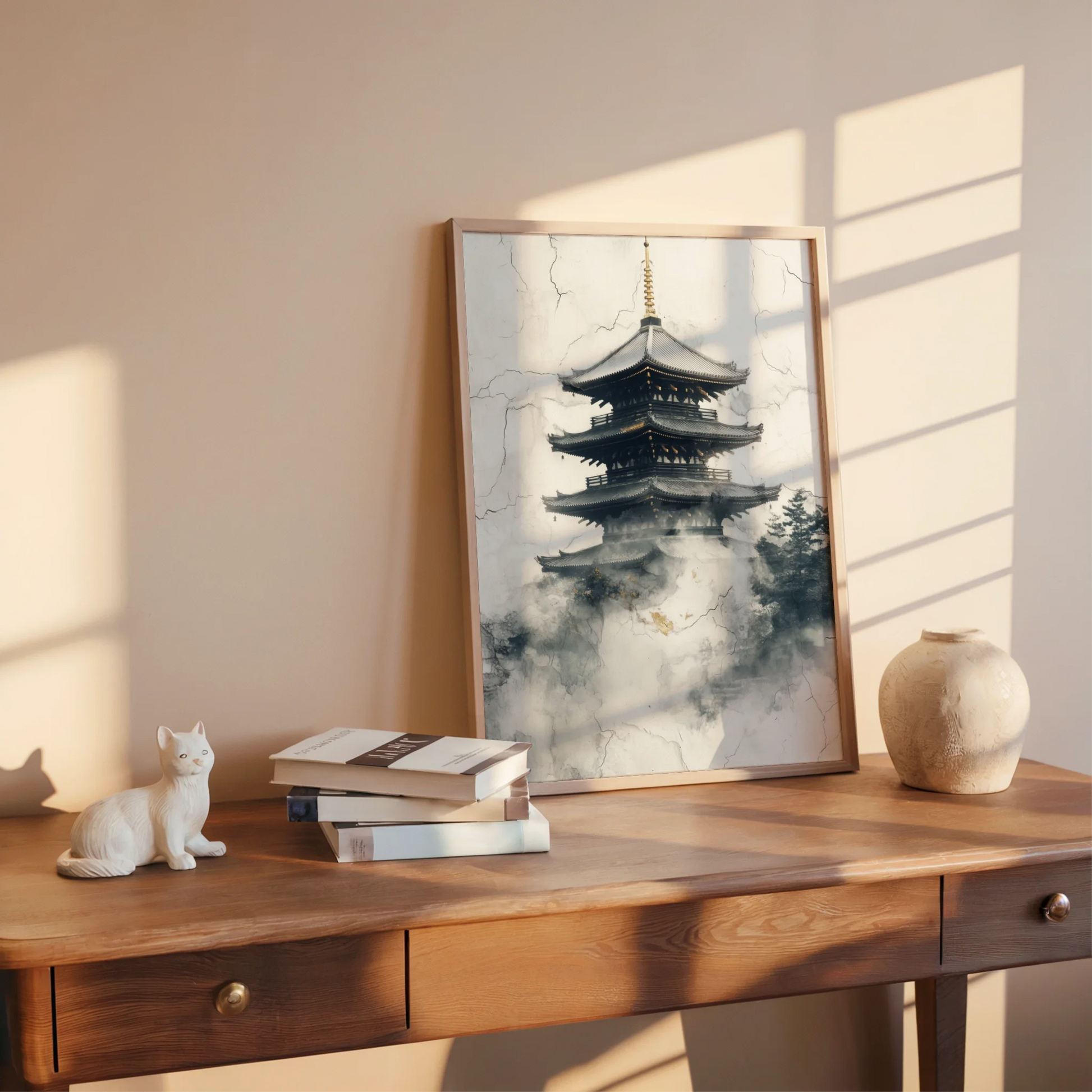 Ancient Pagoda Temple Mist Japandi Weathered in room