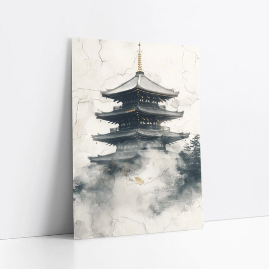 Ancient Pagoda Temple Mist Japandi Weathered art print