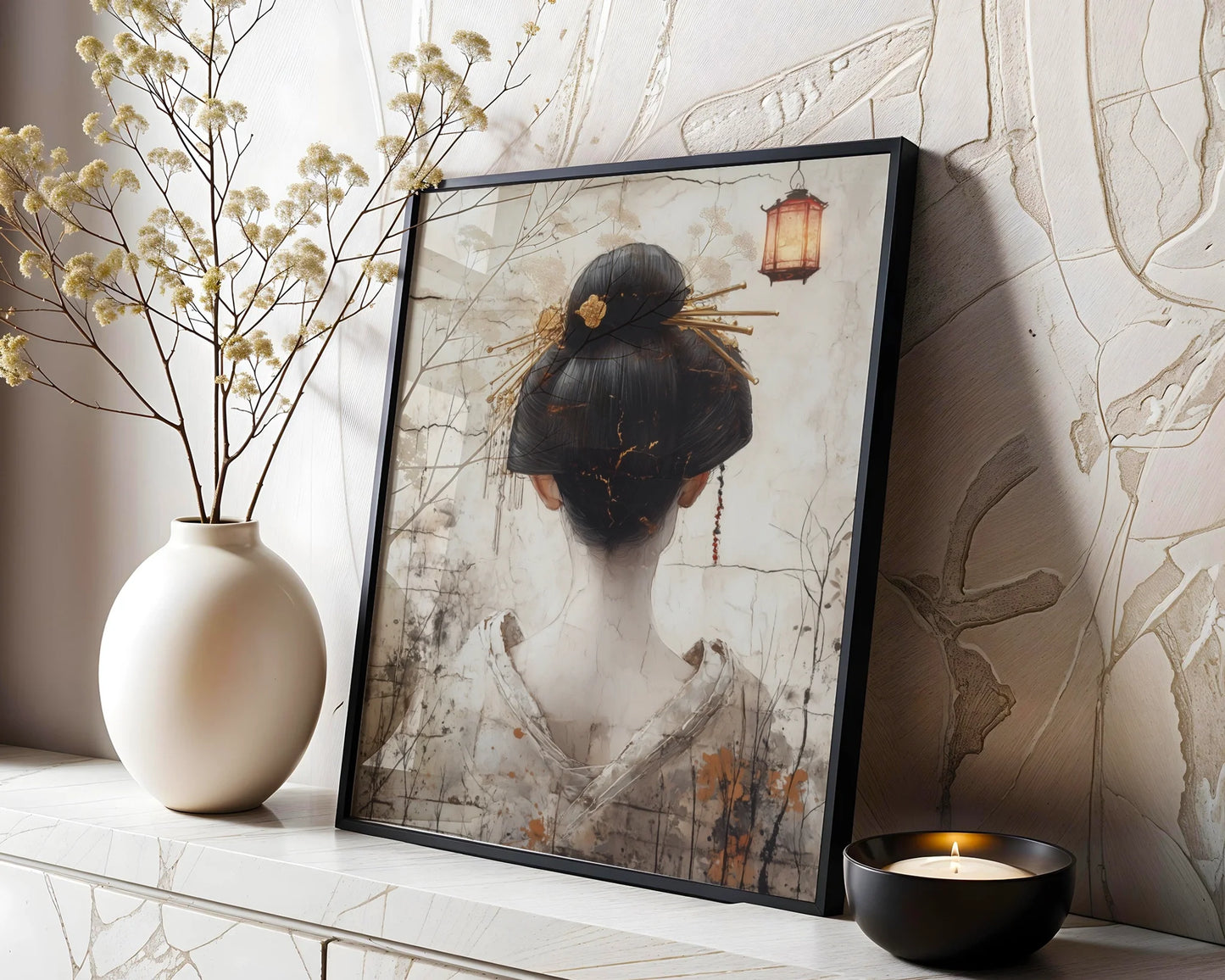 Japanese Geisha Kanzashi Golden Hairpiece Canvas Wall Art — Modern Asian-inspired wall art featuring woman's profile with intricate hair ornament in neutral space