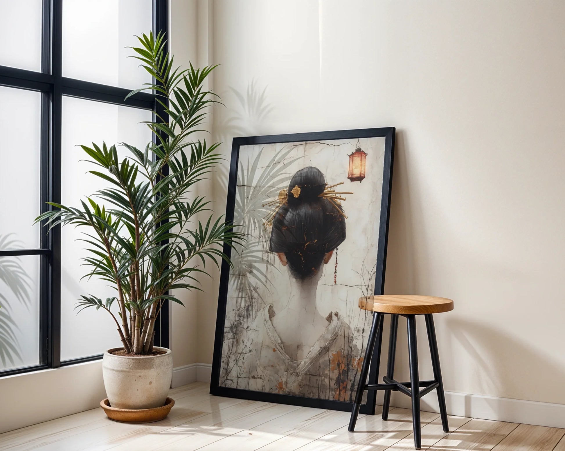 Japanese Geisha Kanzashi Golden Hairpiece Canvas Wall Art — Contemporary Eastern artwork with crumbling plaster effect and feminine figure for artistic interiors