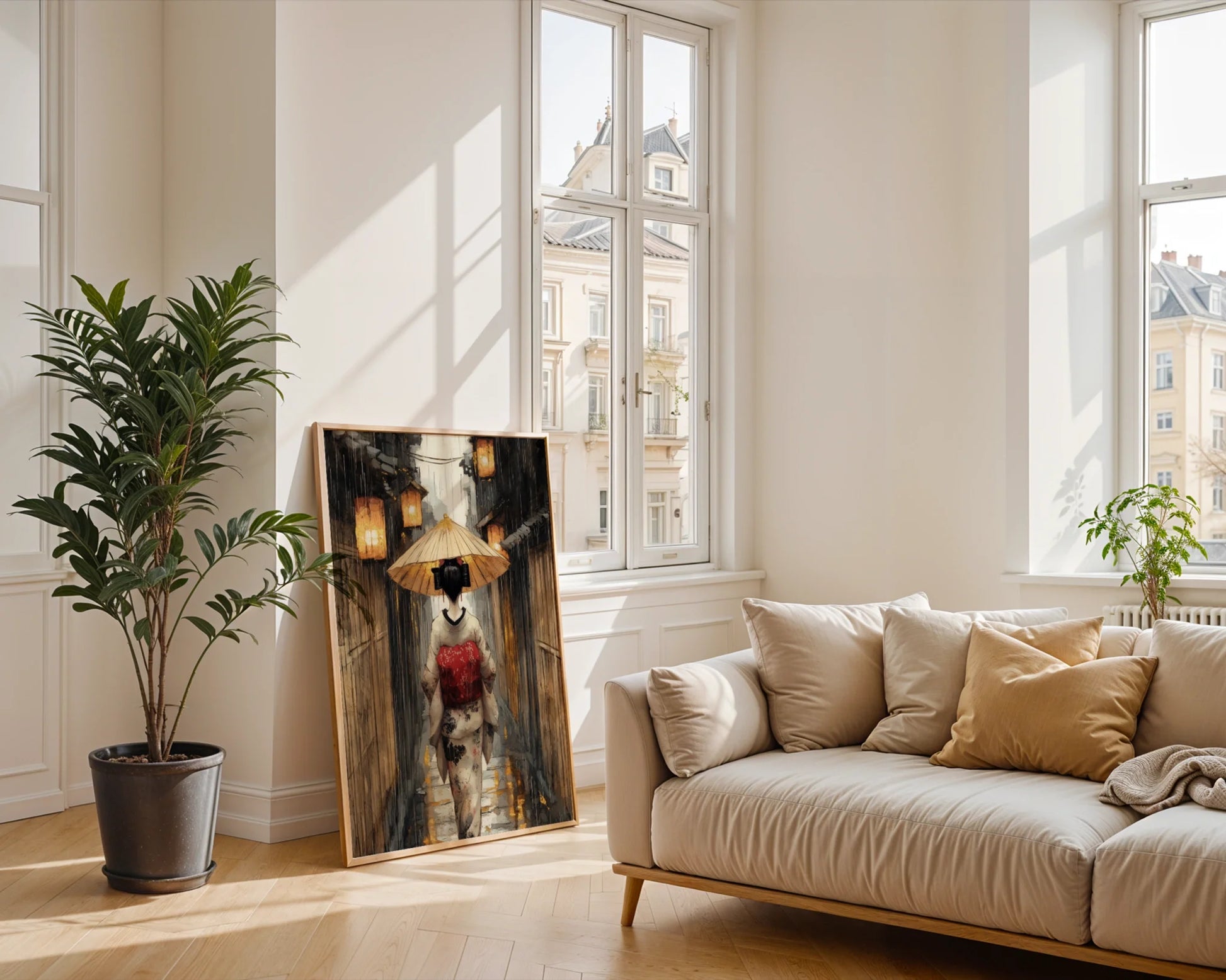 Japanese Geisha Rain Art Paper Lanterns Canvas Wall Art — Modern minimalist room featuring Asian-inspired canvas showcasing figure in stormy urban setting