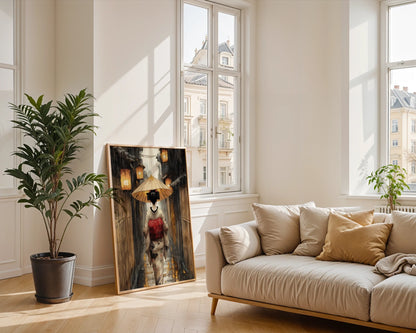 Japanese Geisha Rain Art Paper Lanterns Canvas Wall Art — Modern minimalist room featuring Asian-inspired canvas showcasing figure in stormy urban setting