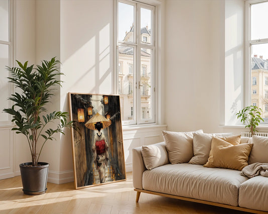 Japanese Geisha Rain Art Paper Lanterns Canvas Wall Art — Modern minimalist room featuring Asian-inspired canvas showcasing figure in stormy urban setting