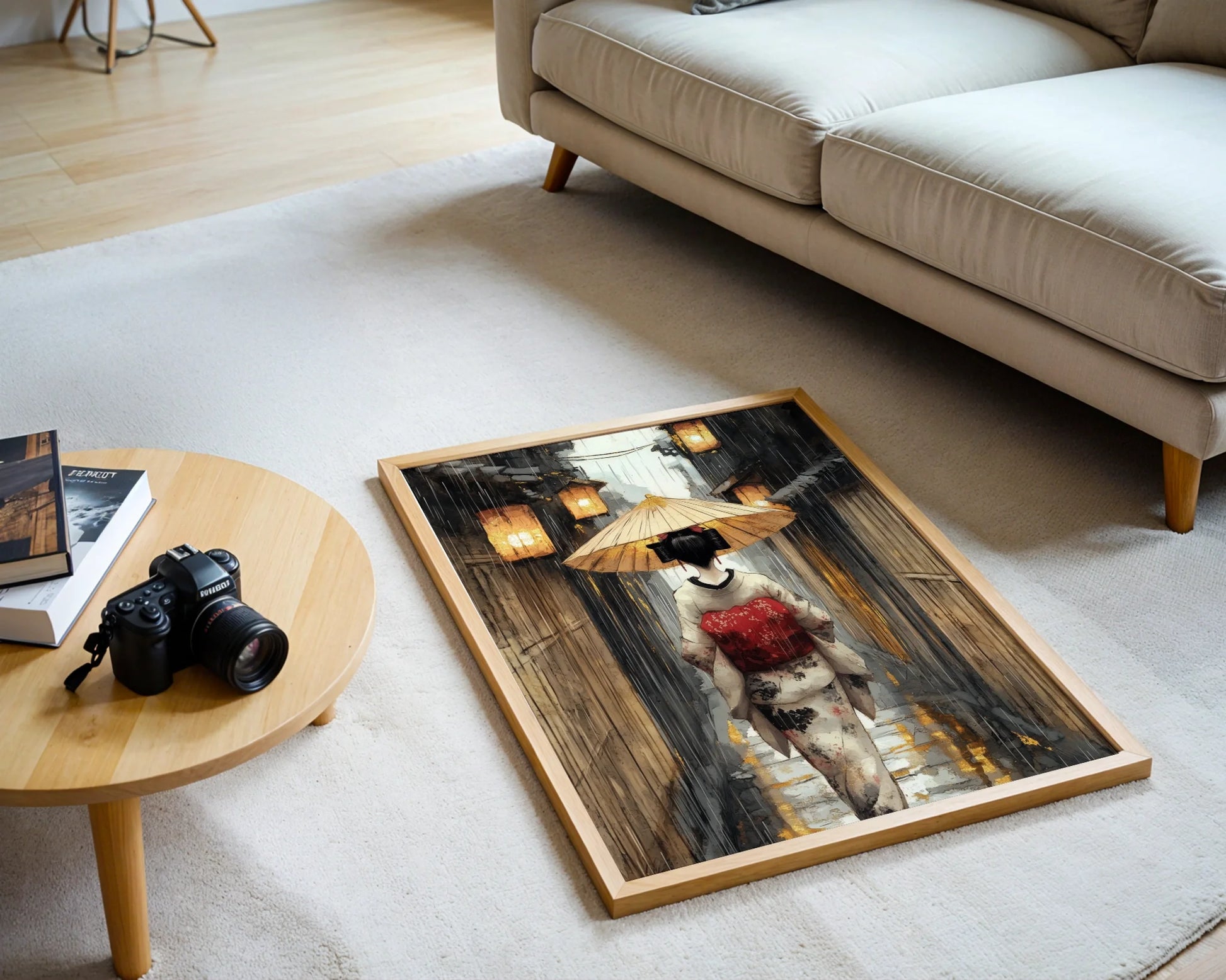 Japanese Geisha Rain Art Paper Lanterns Canvas Wall Art — Zen-style interior with Oriental artwork displaying illuminated pathway during evening downpour