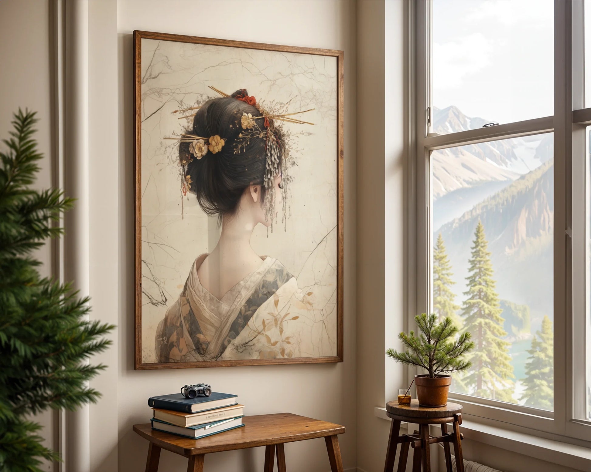 Japanese Geisha Hair Ornament Japandi Parchment Canvas Art — Japandi-style canvas artwork showing geisha figure with intricate hairpiece for contemporary home decor