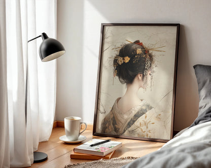 Japanese Geisha Hair Ornament Japandi Parchment Canvas Art — Zen-inspired wall art featuring Japanese woman portrait displayed in modern minimalist interior design
