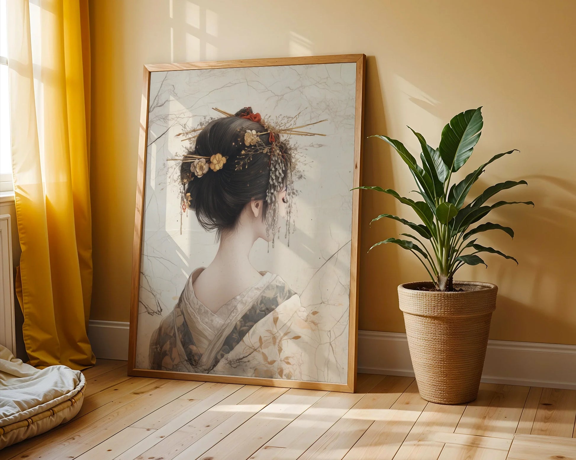 Japanese Geisha Hair Ornament Japandi Parchment Art in room