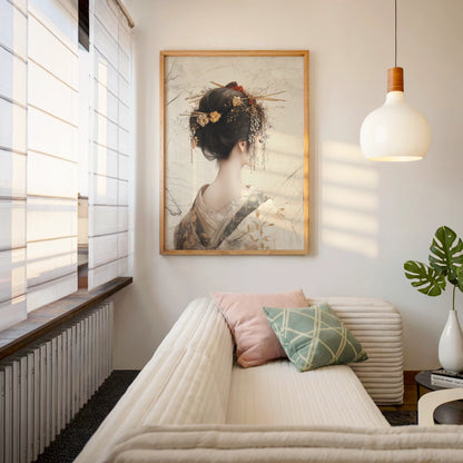 Japanese Geisha Hair Ornament Japandi Parchment Art in room