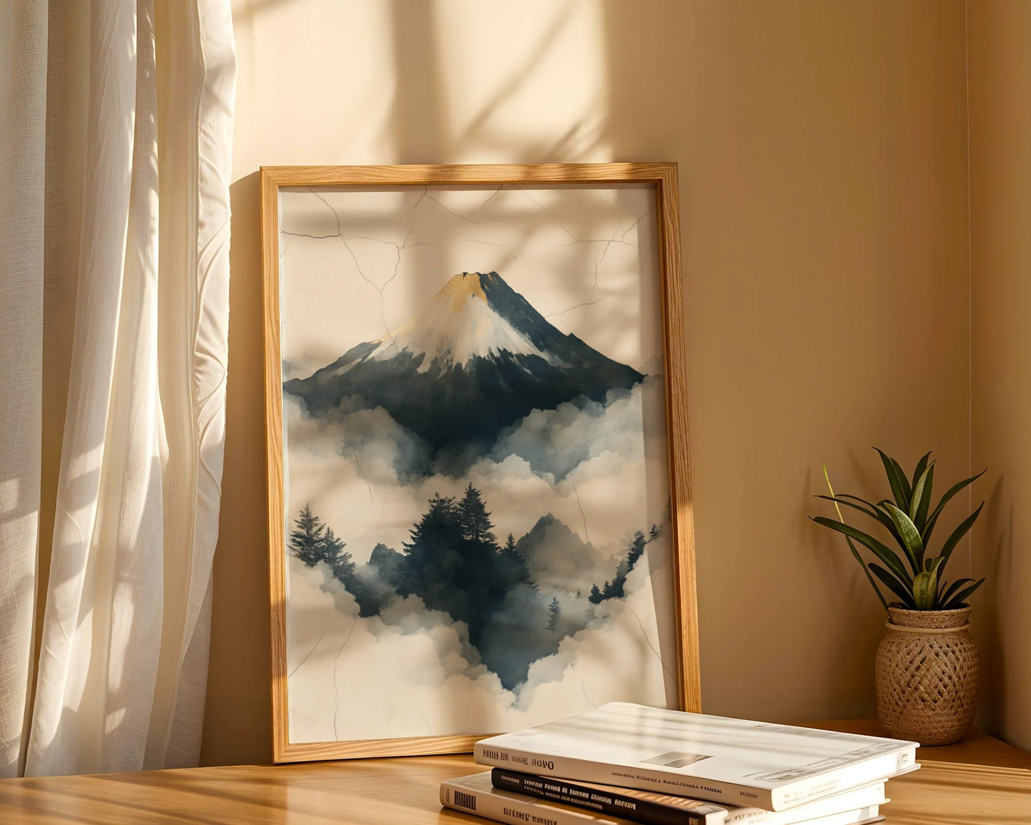 Misty Peak Painting Japandi Stone Fracture Canvas Wall Art — Organic modern artwork displaying storm-carved ridges amid morning haze for tranquil interiors