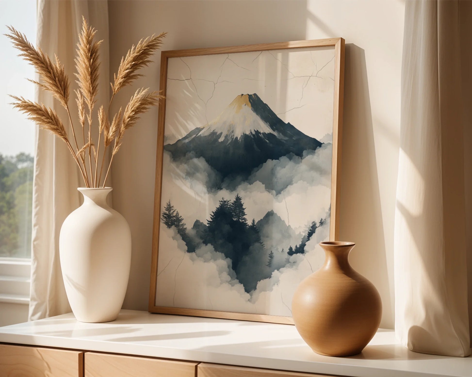 Misty Peak Painting Japandi Stone Fracture in room
