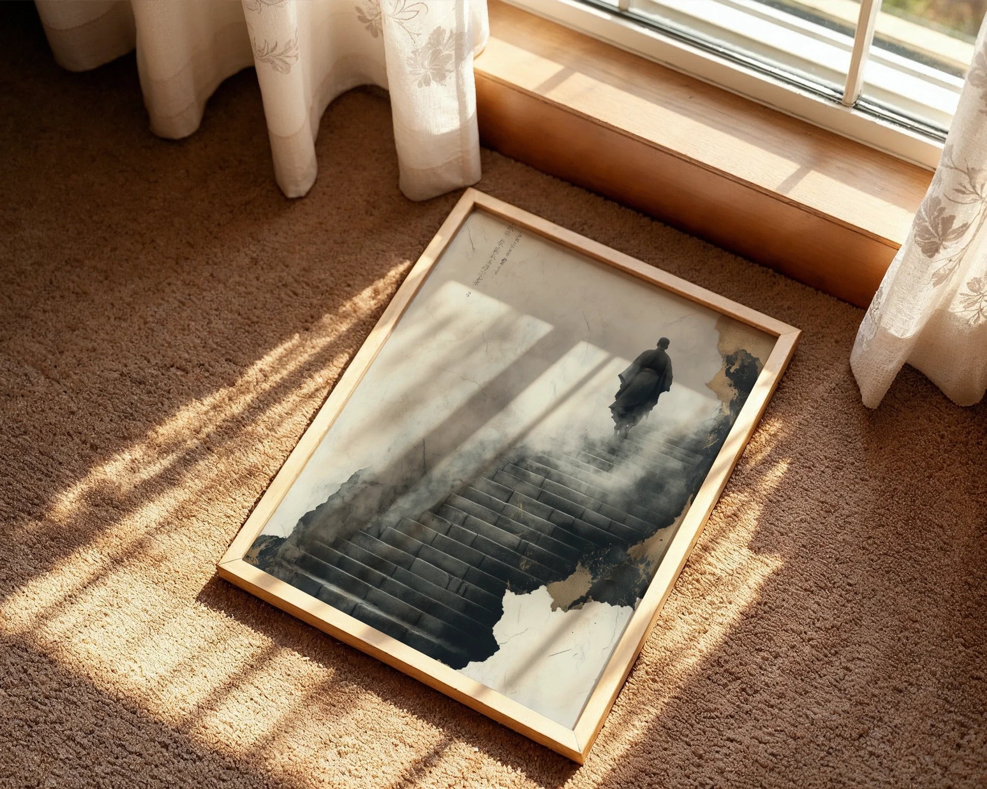 Zen Monk Climbing Stairs Misty Steps Japandi Canvas Wall Art — Minimalist Japandi canvas featuring solitary figure on stone pathway for serene modern home decor