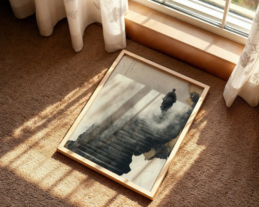 Zen Monk Climbing Stairs Misty Steps Japandi Canvas Wall Art — Minimalist Japandi canvas featuring solitary figure on stone pathway for serene modern home decor
