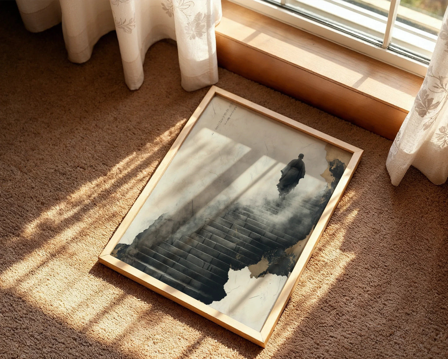 Zen Monk Climbing Stairs Misty Steps Japandi in room