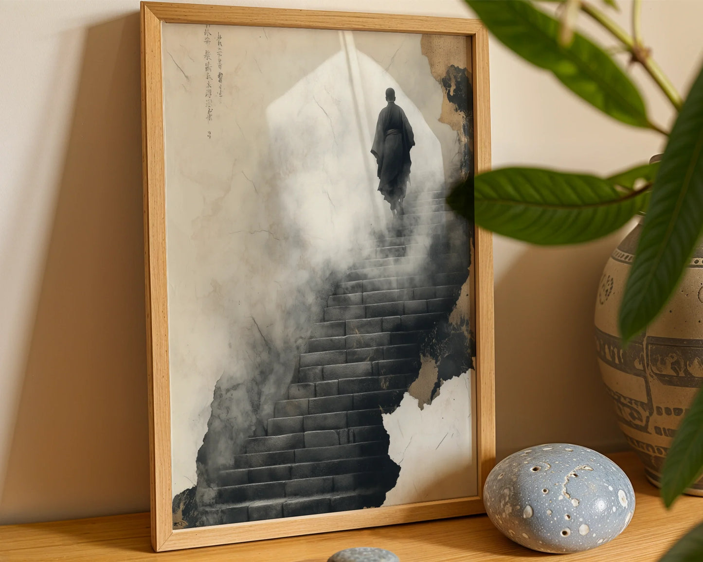 Zen Monk Climbing Stairs Misty Steps Japandi Canvas Wall Art — Fog-shrouded mountain sanctuary artwork displayed in contemporary living space with neutral tones