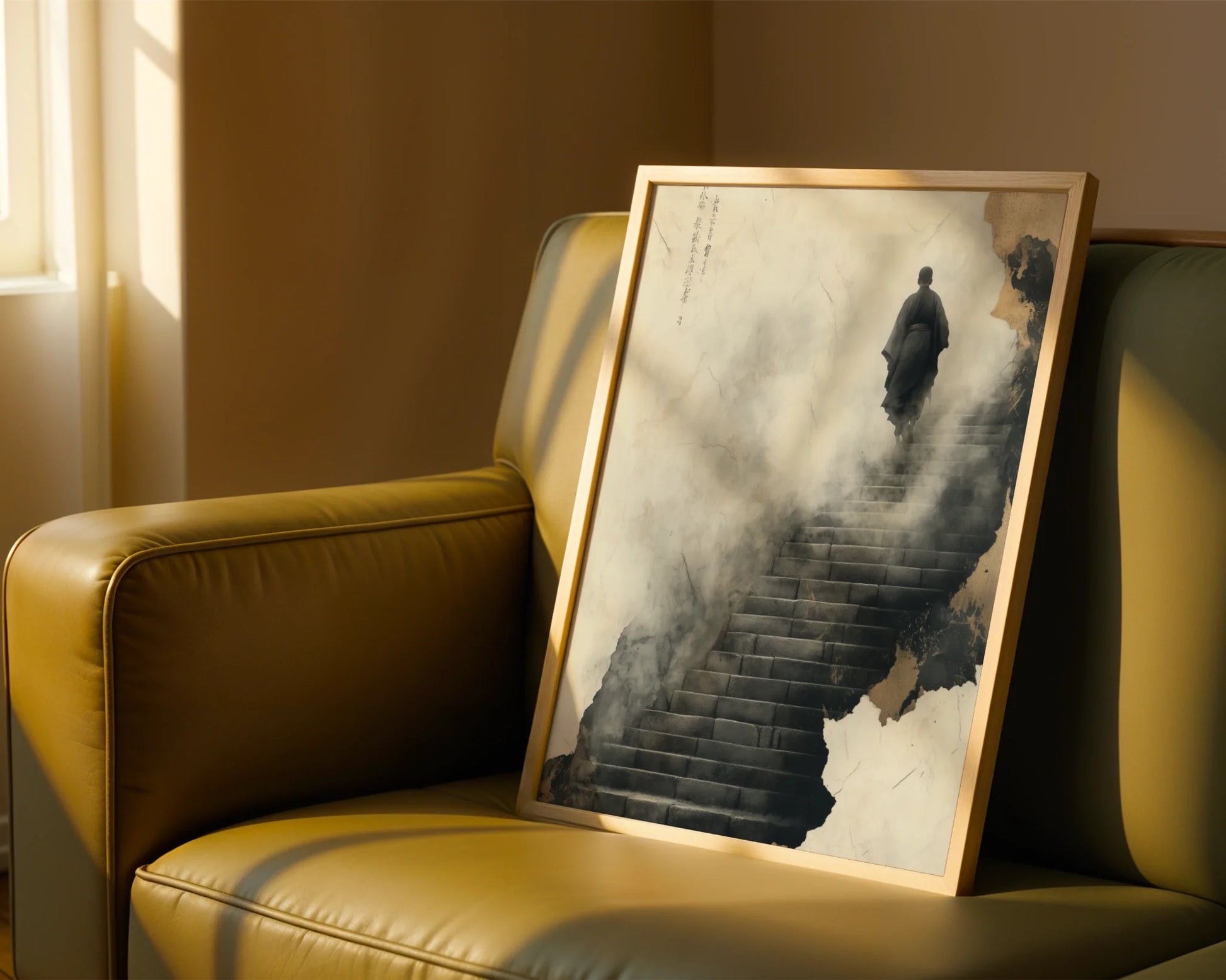 Zen Monk Climbing Stairs Misty Steps Japandi in room