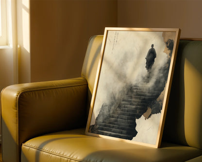 Zen Monk Climbing Stairs Misty Steps Japandi in room