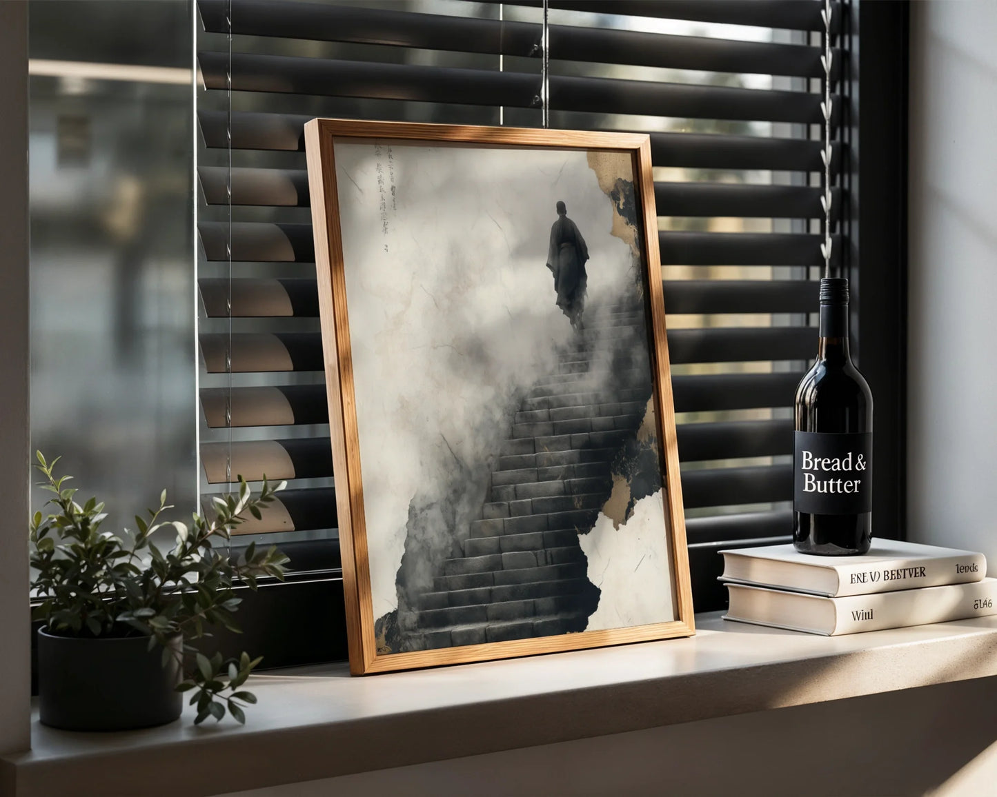 Zen Monk Climbing Stairs Misty Steps Japandi in room