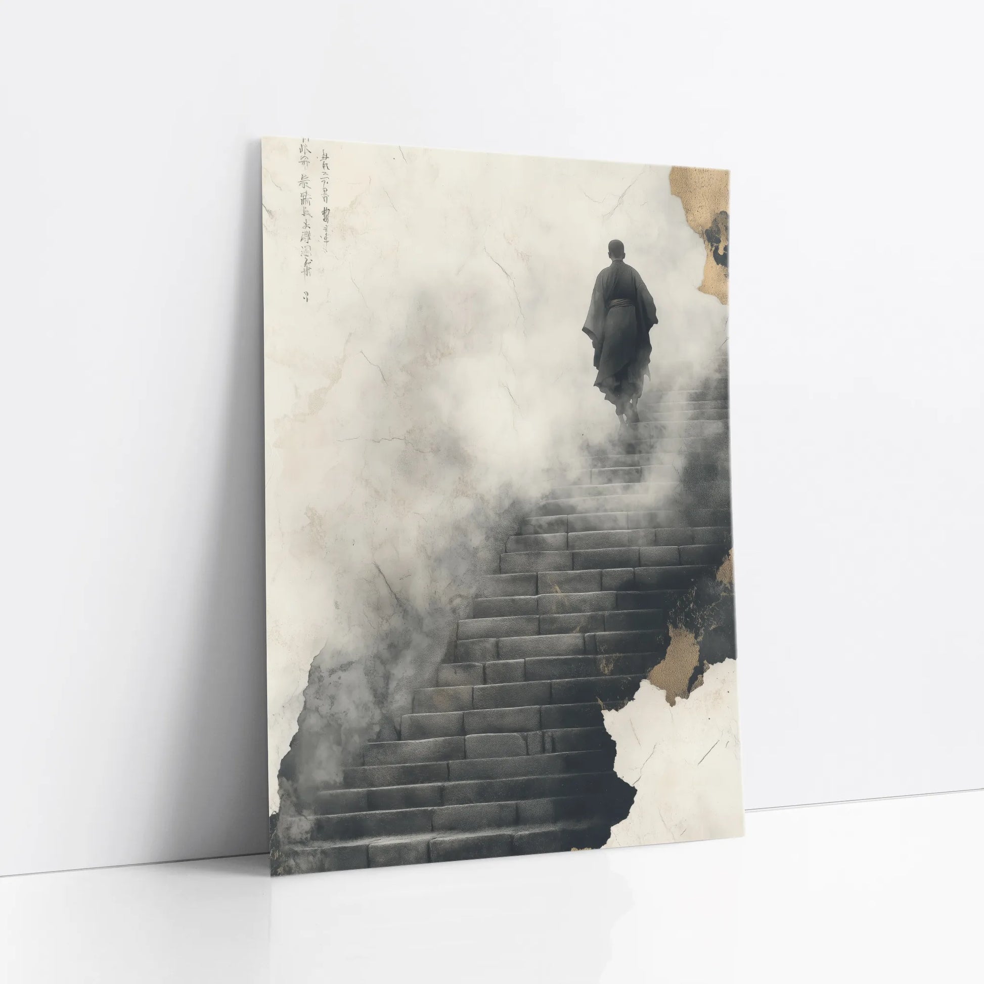 Zen Monk Climbing Stairs Misty Steps Japandi art print