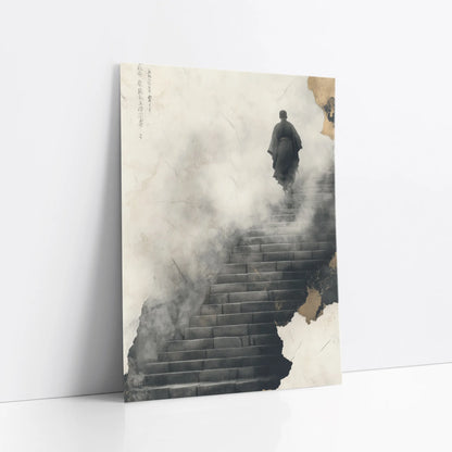 Zen Monk Climbing Stairs Misty Steps Japandi art print