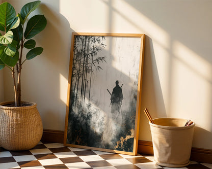 Samurai Bamboo Forest Misty Japandi Canvas Wall Art Print — Japandi style canvas featuring lone warrior figure amid ethereal bamboo stalks for contemporary decor