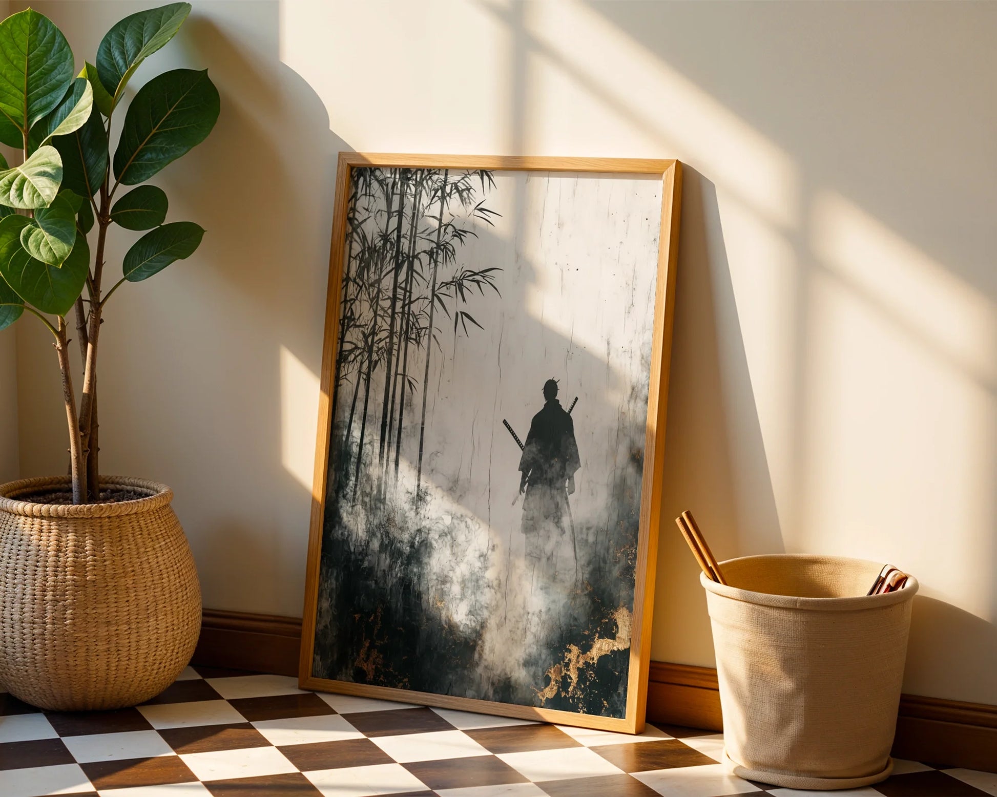 Samurai Bamboo Forest Misty Japandi Print in room