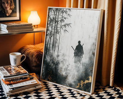 Samurai Bamboo Forest Misty Japandi Canvas Wall Art Print — Zen-inspired artwork showcasing mysterious fighter outline through foggy grove for modern home styling