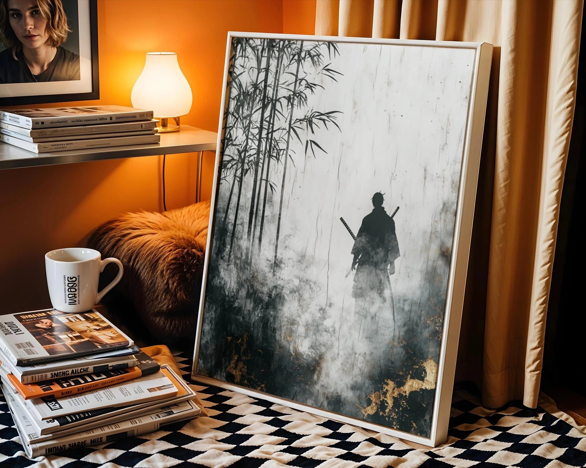 Samurai Bamboo Forest Misty Japandi Print in room