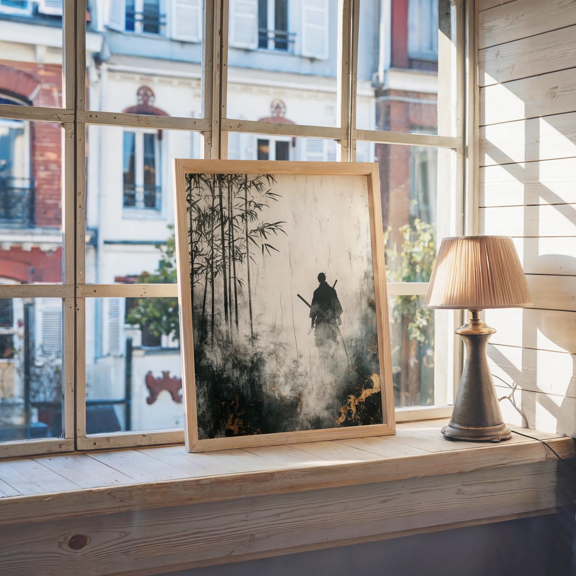 Samurai Bamboo Forest Misty Japandi Print in room