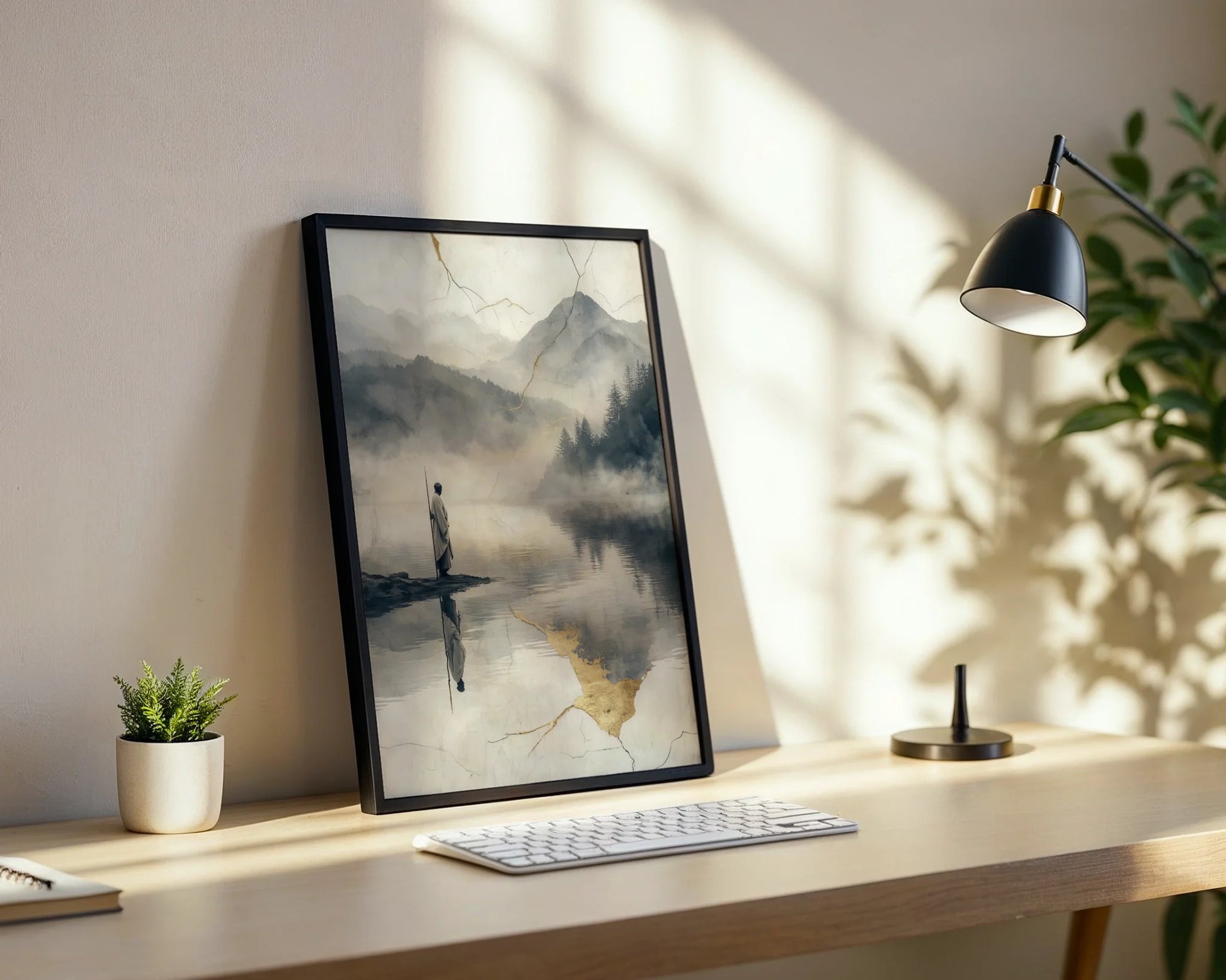 Zen Monk Reflection Mountain Lake Japandi Canvas Wall Art — Minimalist artwork featuring robed silhouette against misty backdrop creates peaceful living space ambiance