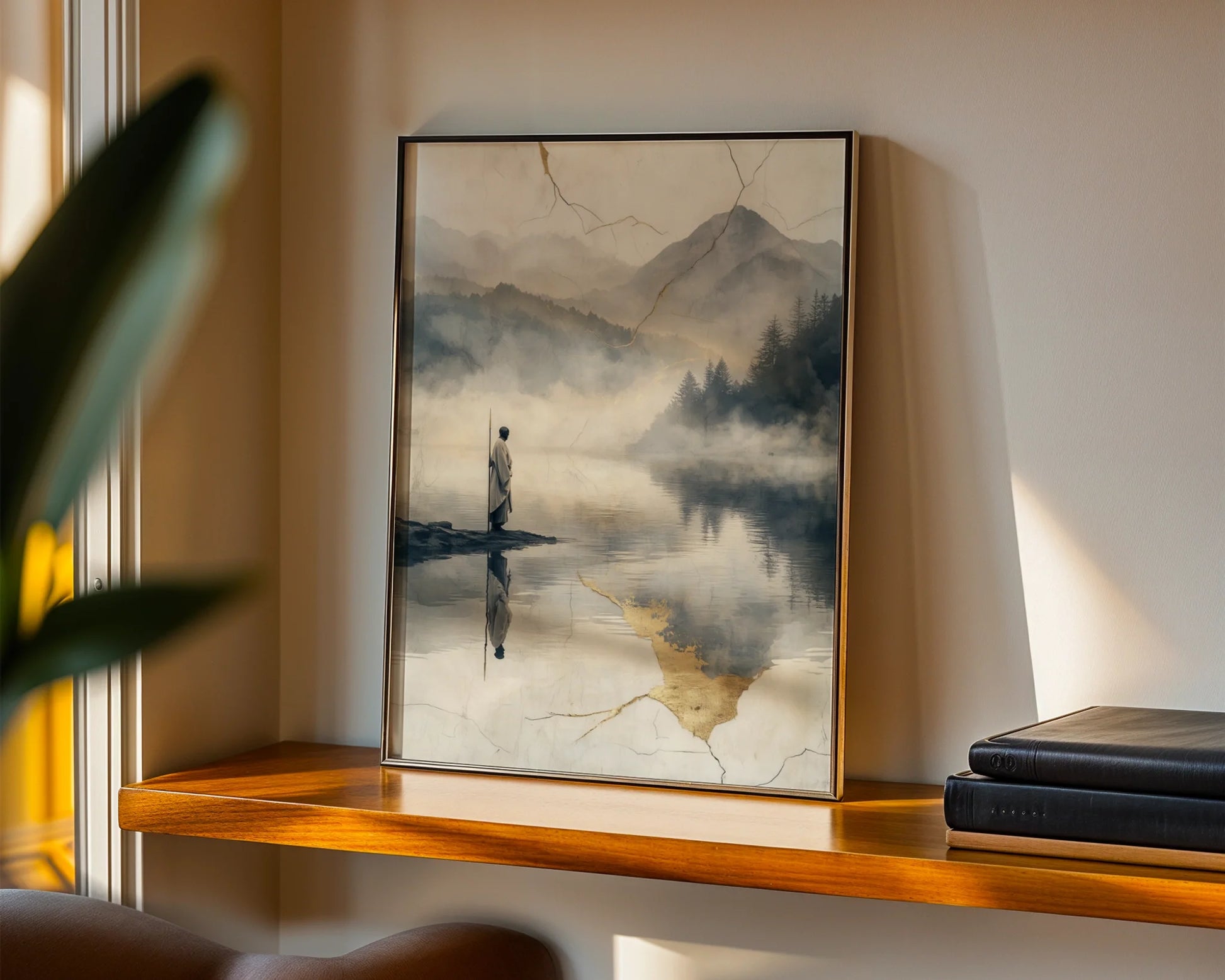Zen Monk Reflection Mountain Lake Japandi in room