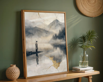 Zen Monk Reflection Mountain Lake Japandi in room