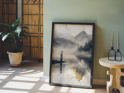 Zen Monk Reflection Mountain Lake Japandi in room