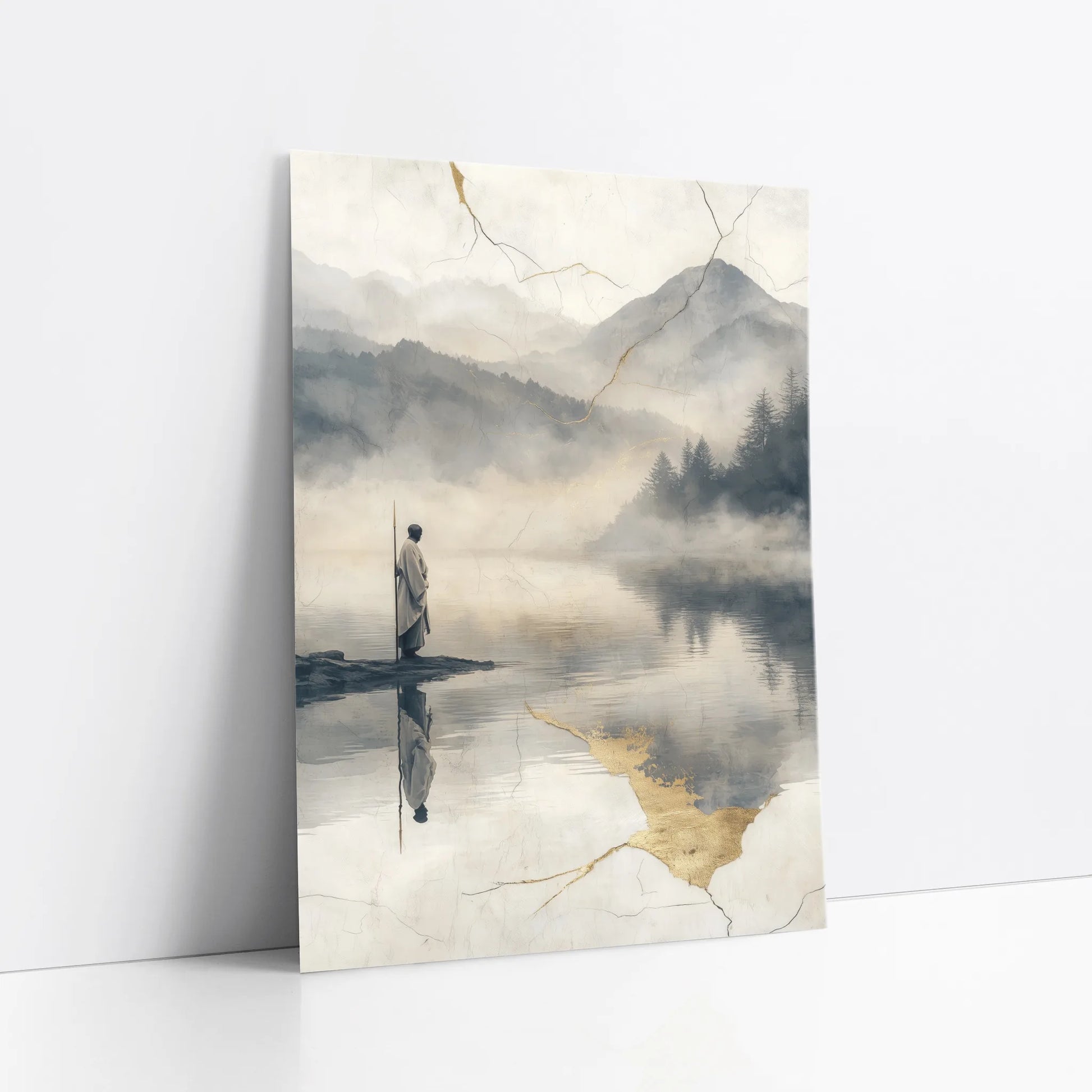 Zen Monk Reflection Mountain Lake Japandi art print