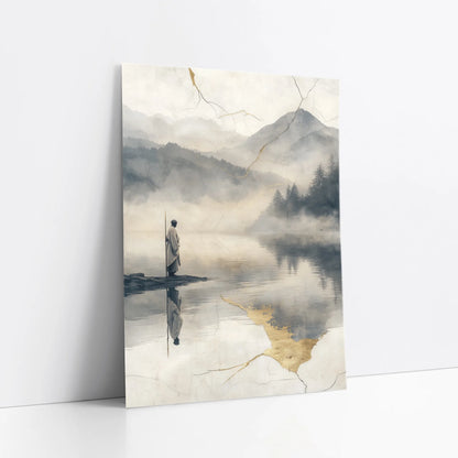 Zen Monk Reflection Mountain Lake Japandi art print