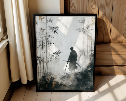 Samurai Bamboo Forest Japandi Mist Silhouette Canvas Wall Art — Minimalist canvas showcasing mysterious figure with blade amid towering bamboo for contemporary interiors