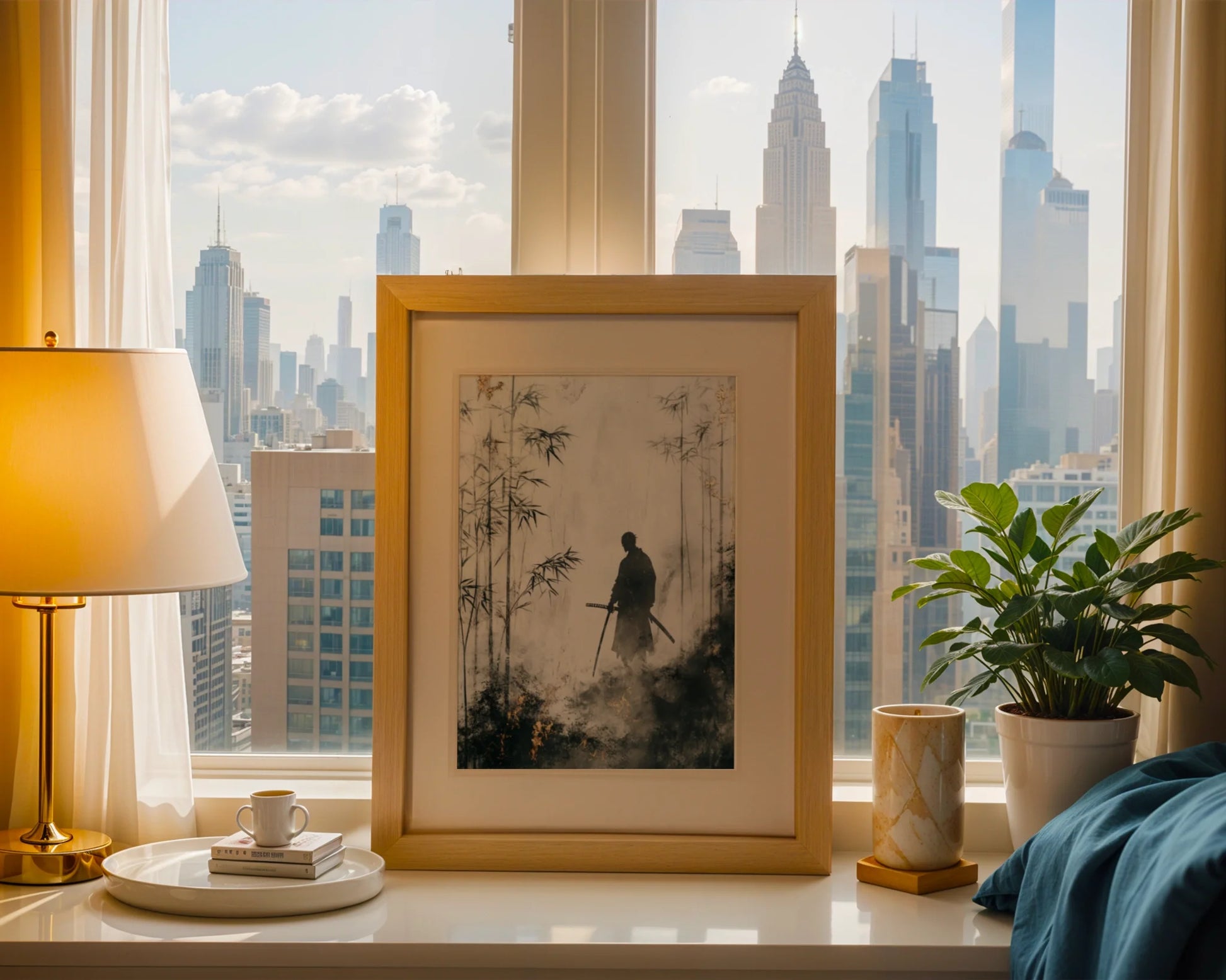 Samurai Bamboo Forest Japandi Mist Silhouette Canvas Wall Art — Oriental canvas art featuring lone swordsman through ethereal bamboo groves for serene living spaces