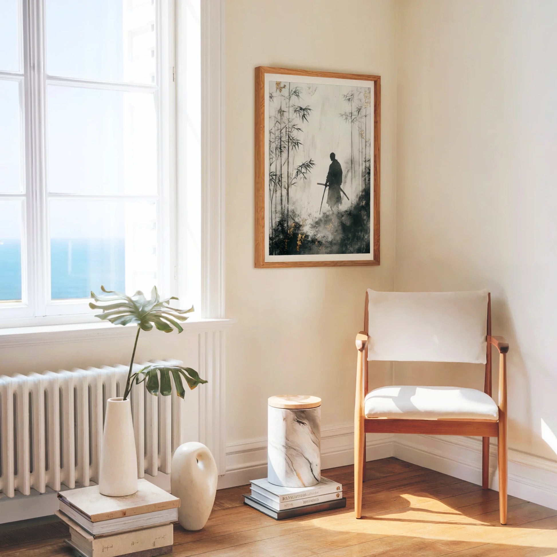 Samurai Bamboo Forest Japandi Mist Silhouette Canvas Wall Art — Soft gray canvas with charcoal shadows and golden highlights creating dreamy bamboo scene for neutral interiors