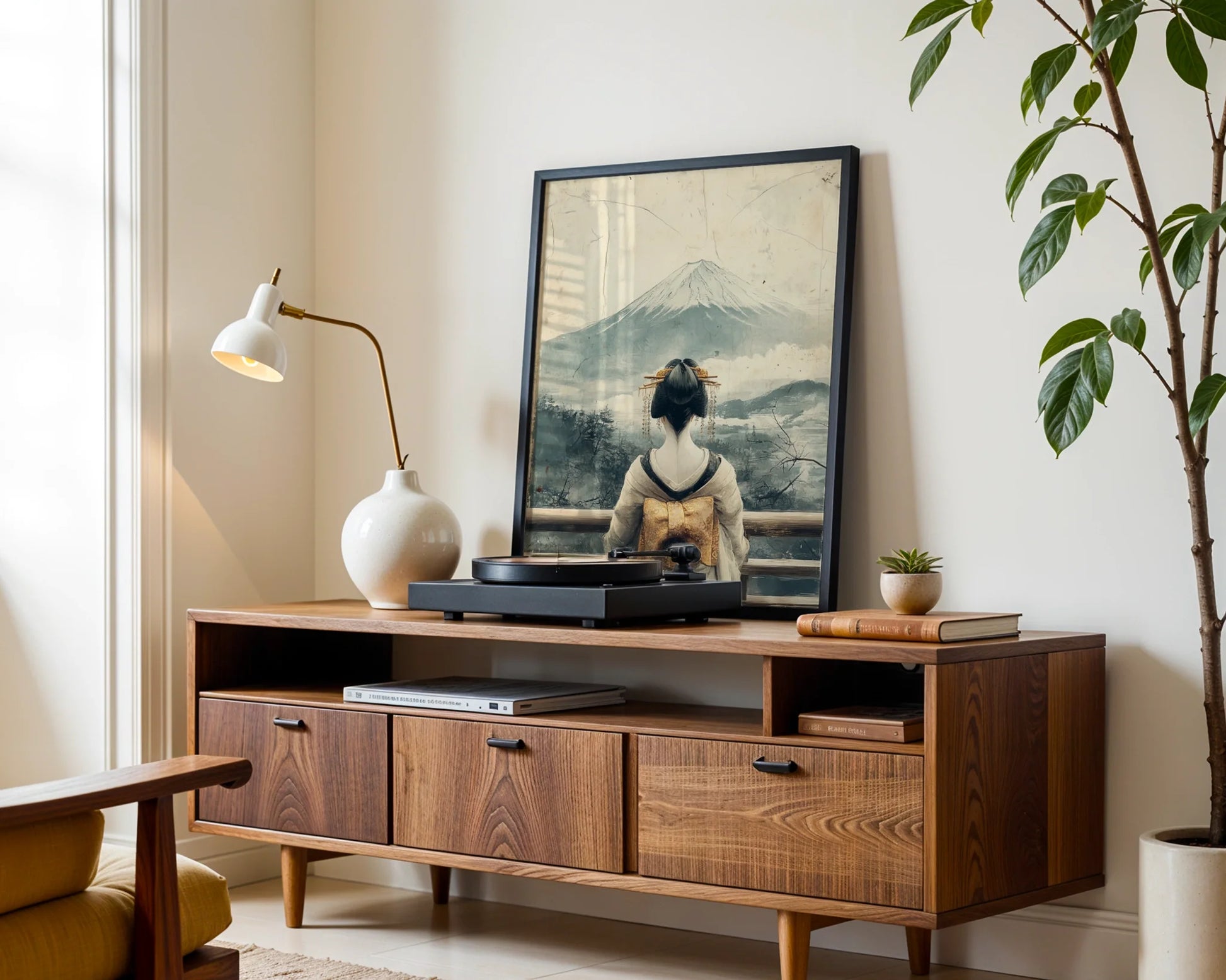 Japanese Geisha Mount Fuji Golden Obi Canvas Wall Art — Timeless Eastern-inspired canvas displaying graceful figure with shimmering sash for zen interior design