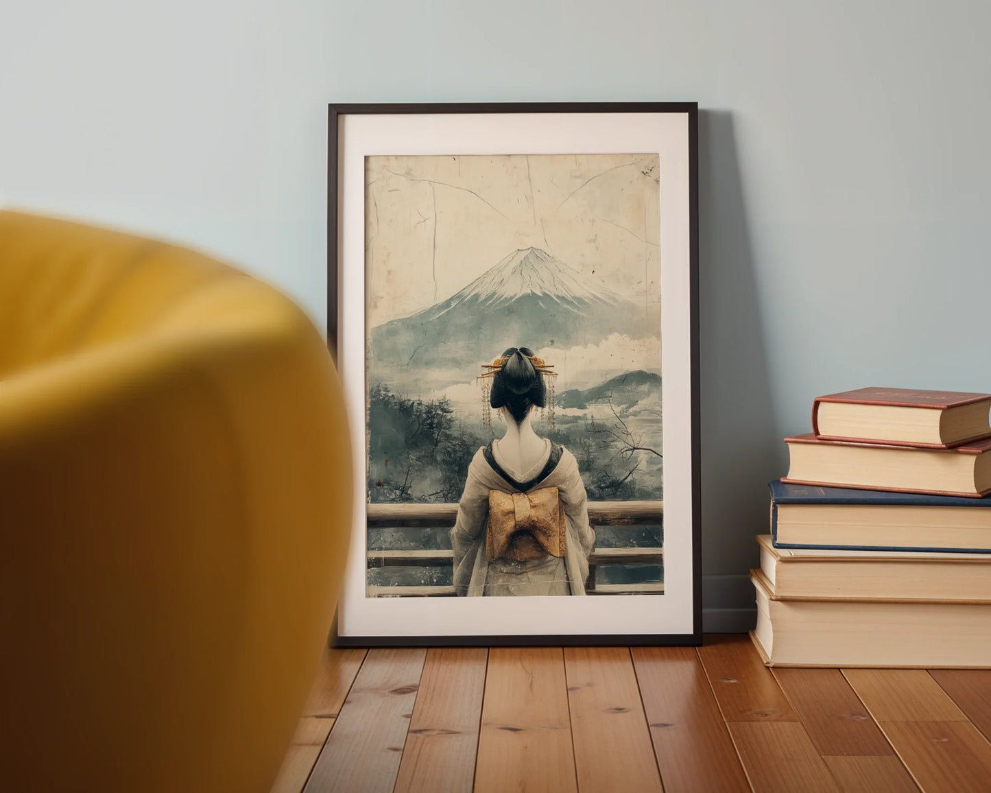 Japanese Geisha Mount Fuji Golden Obi Canvas Wall Art — Classic oriental artwork showing draped silhouette in flowing robes against mountain backdrop on wall