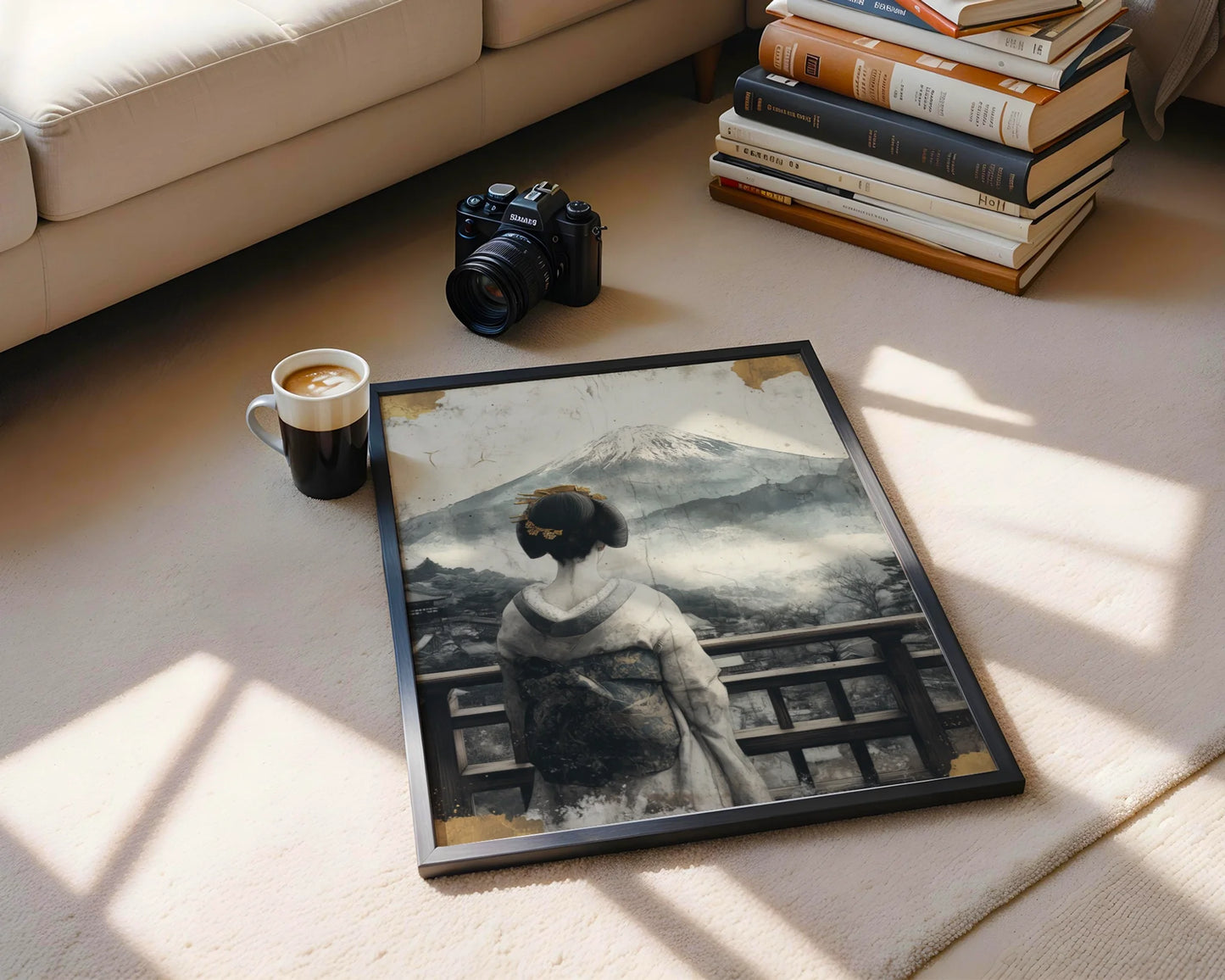 Japanese Geisha Mount Fuji Shoji Screen Canvas Wall Art — Wabi sabi inspired wall print featuring contemplative female figure framed by paper screens