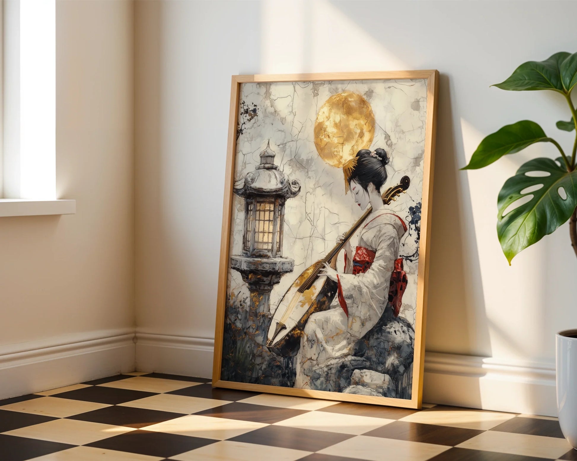 Japanese Geisha Art Shamisen Gold Moon Japandi in room