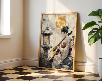 Japanese Geisha Art Shamisen Gold Moon Japandi in room