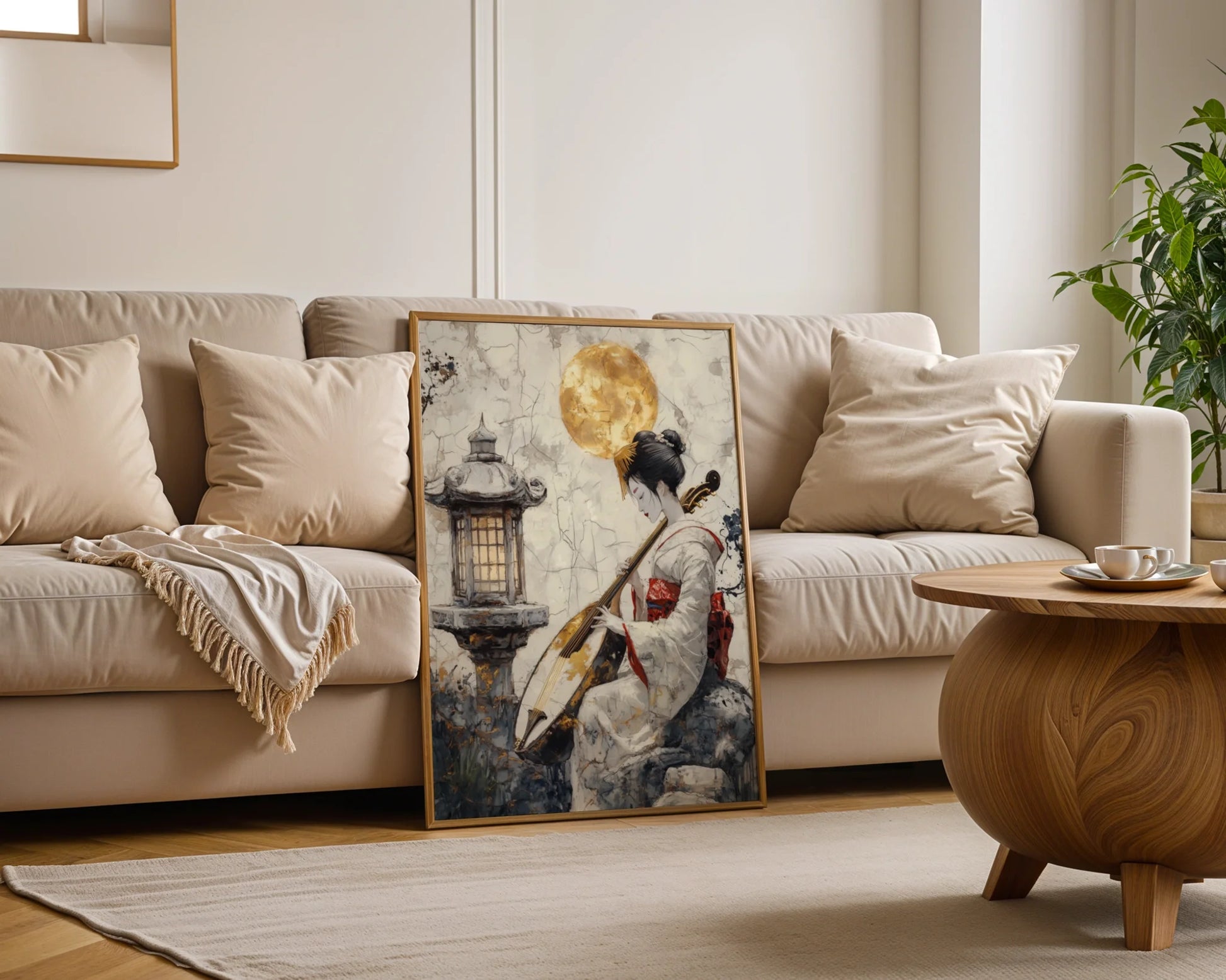 Japanese Geisha Art Shamisen Gold Moon Japandi Canvas Print — Contemporary bedroom wall featuring pagoda courtyard scene with paper lantern artwork display