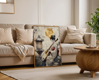 Japanese Geisha Art Shamisen Gold Moon Japandi in room