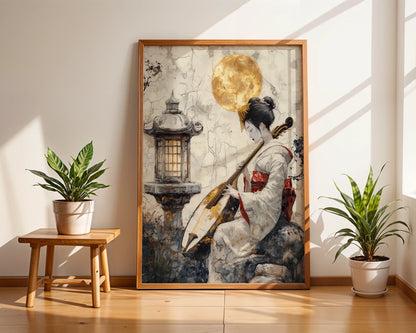 Japanese Geisha Art Shamisen Gold Moon Japandi in room